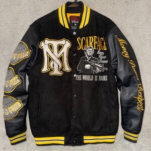 Scarface X Reason Mens Black Collab Patched Wool Varsity Jacket MEDIUM